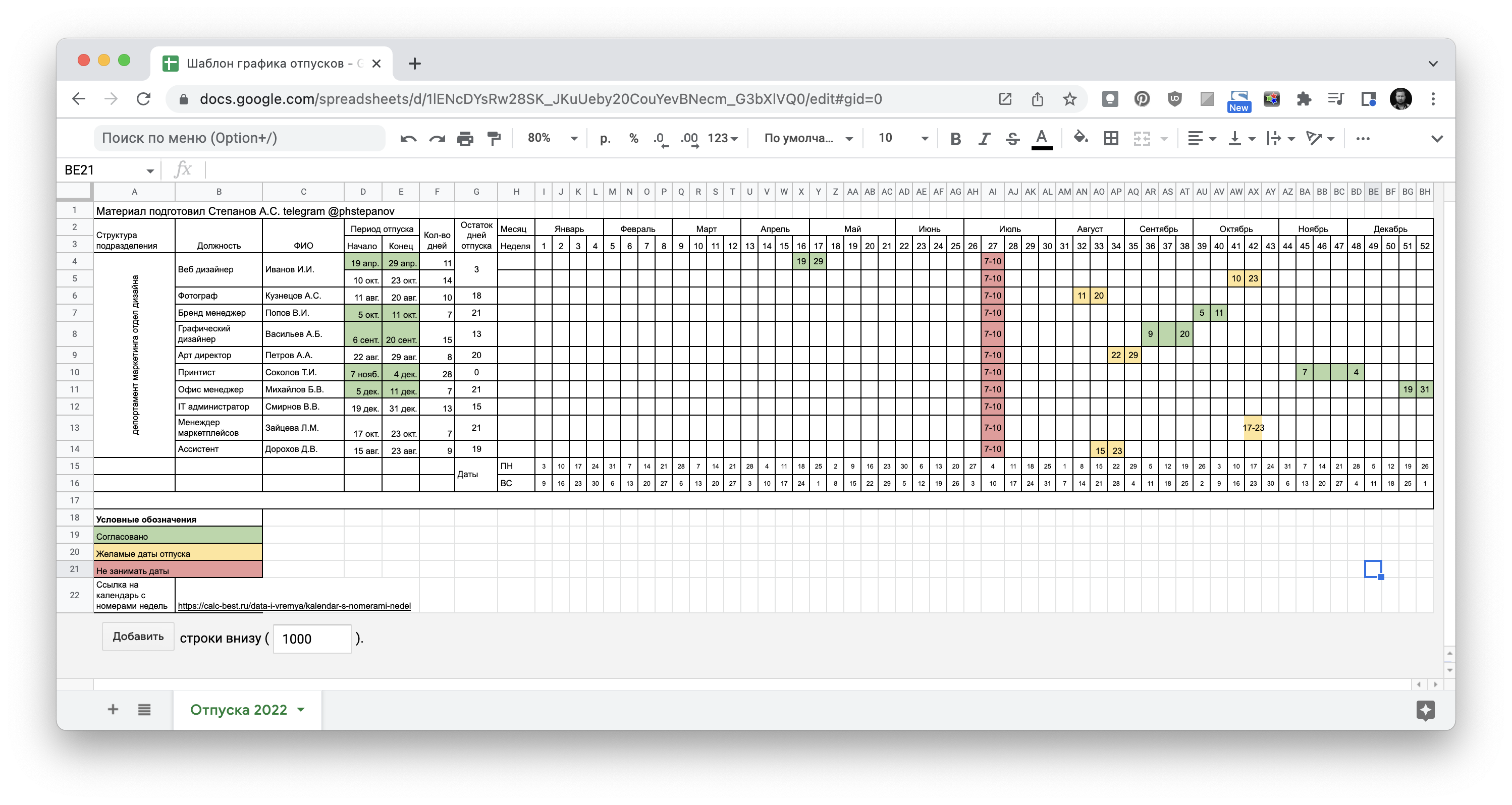 Шаблон графика работы и отпусков для работников на целый год в гугл таблице  • Фотограф Степанов Москва, МО, Россия